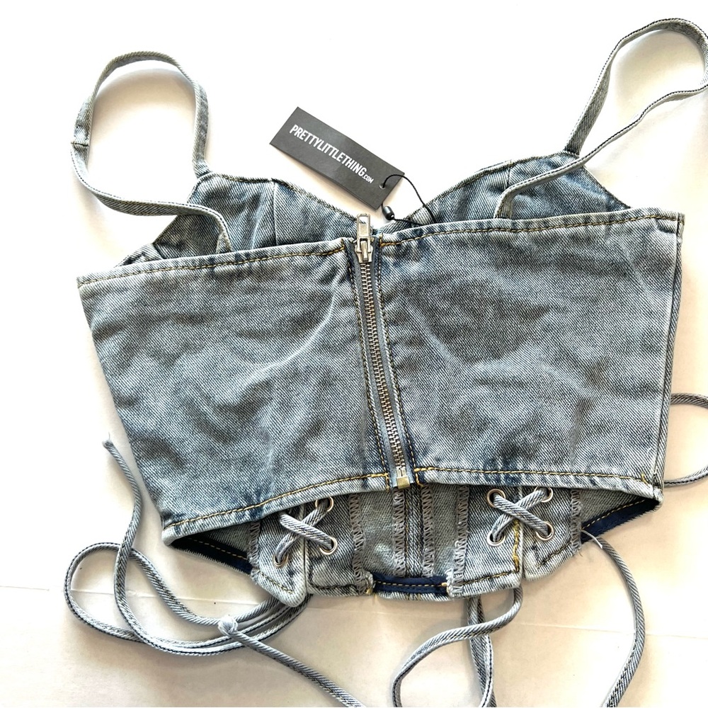 NWT Denim Lace Up Cutout Corset Jean Top - Picture 10 of 13